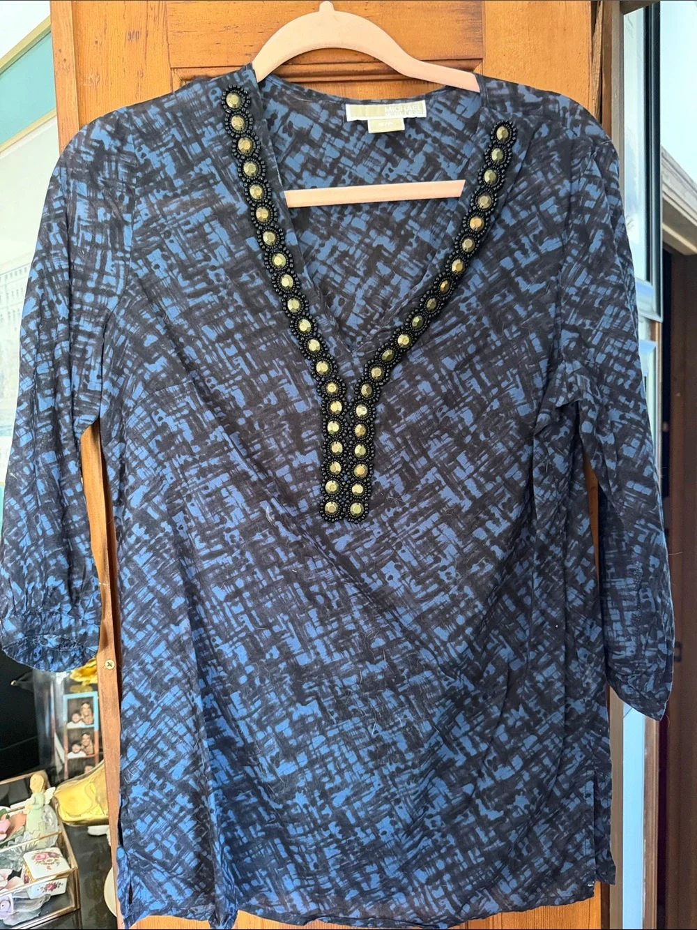 Michael Kors Blue Patterned V-Neck Tunic with Beaded Trim